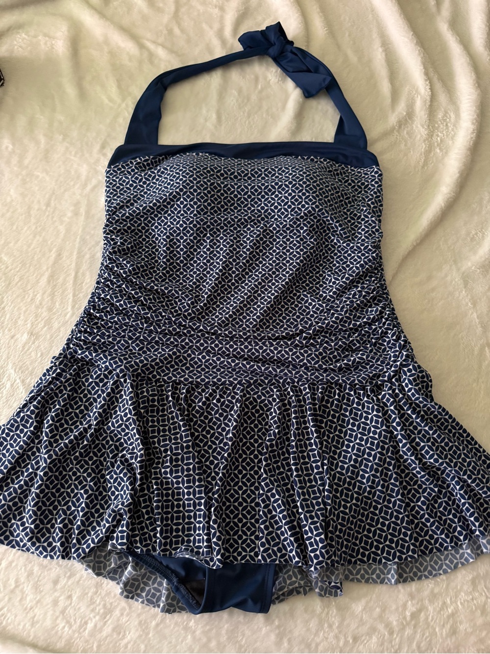 Catalina Blue White Geometric One Piece Skirted Halter Swimsuit 1X (16W)